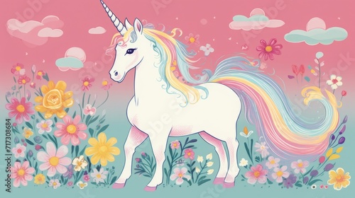 entire unicorn, full shot, risograph, riso print style, unicorn, cute, pastel colours, children’s illutration