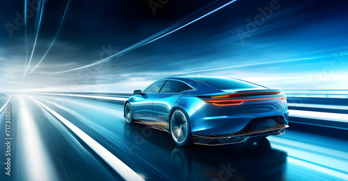 A blue car is driving down a highway. The car is moving fast and is surrounded by a blur of blue. The car is the main focus of the image, and it is in motion photo