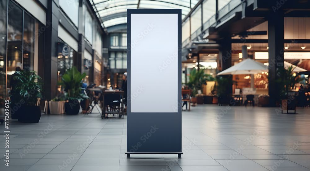 Fototapeta premium Indoor Advertising: Freestanding Display in a Shopping Gallery, Freestanding advertising display located in a shopping mall atrium, Roll up mockup 