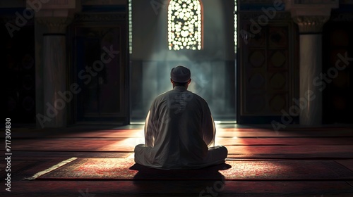 Arabian man pray at the mosque. Ramadan background. 8k resolution. View from behind