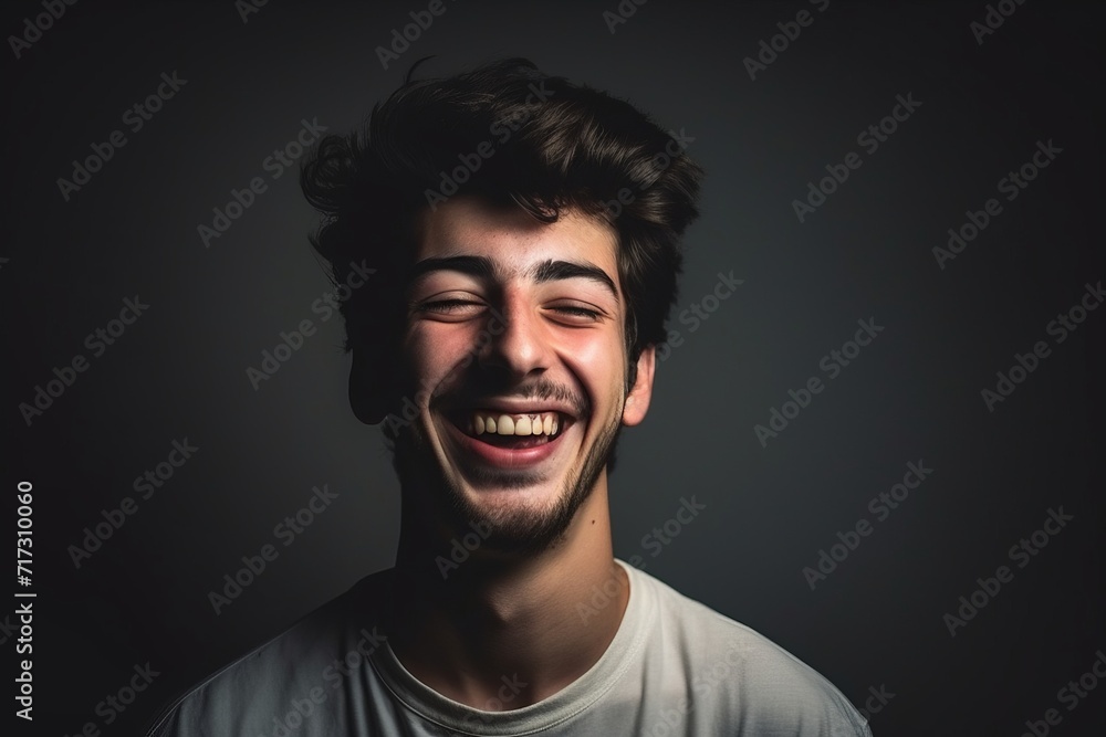 Portrait of a handsome young man laughing against a dark background. Portrait of a handsome young man laughing against a dark background.