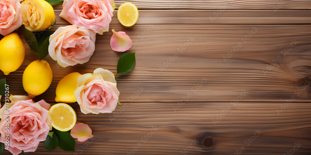 Essential serum with lemon on a wooden background, Aromatherapy with Roses and Lemon Essence Essential serum with lemon on a wooden background, Aromatherapy with Roses and Lemon Essence