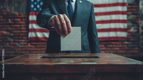 Election - ballot being placed in ballot box - American flag background - patriotic - poll - voting - votes - campaign - politician 