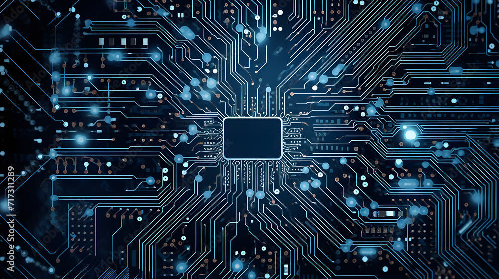 Silicon Synapses Intricate Labyrinth of a CPU, Network of intricate electronic circuits and pathways, illuminated by blue light