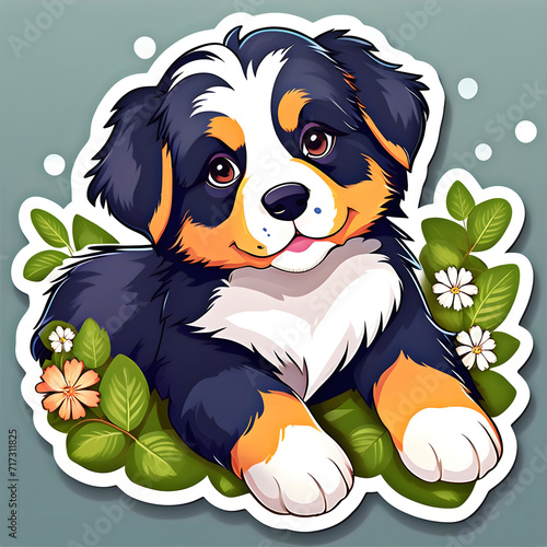 cute cartoon sticker art design of a black, white, and brown Bernese mountain dog puppy lying amid plants, leaves, and flowers photo