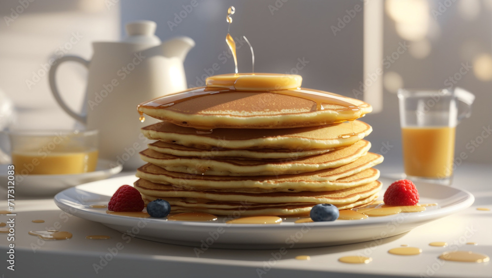 A stack of pancakes sitting on top of a white plate A stack of pancakes sitting on top of a white plate