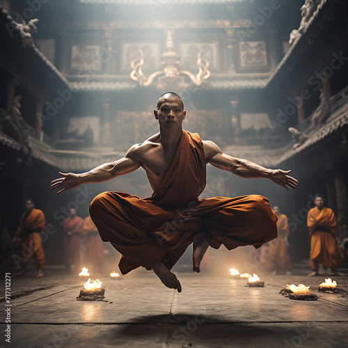 a bald white buddhist monk boy sitting crosslegged in the air levitating photo