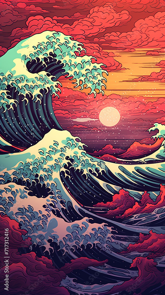 ocean waves, in the style of psychedelic illustration, dark blue and pink, dream-like scenes