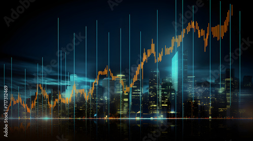 Economic Pulse: The glowing lines of financial graphs with the illuminated skyline of a modern city, symbolize the bustling activity of the economy