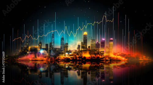 A dynamic, colorful graph depicting financial market trends and data points on a dark, reflective digital background