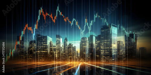 A dynamic, colorful graph depicting financial market trends and data points on a dark, reflective digital background