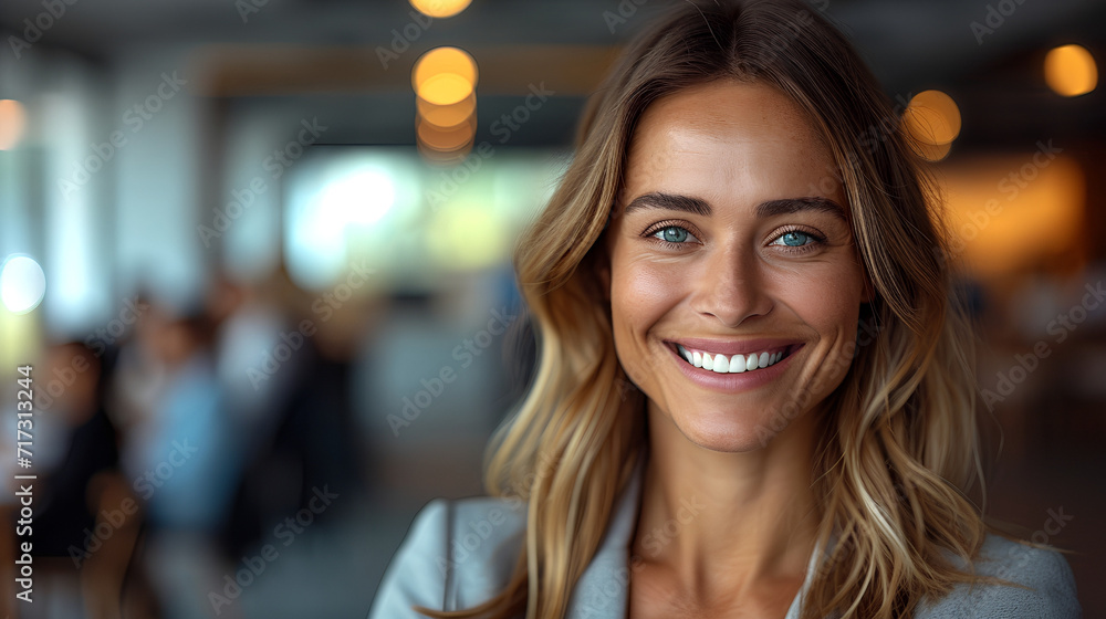 Close-up view of a smiling and confident white female business executive - CEO - Professor - Office worker - blurred background - motivated professional Close-up view of a smiling and confident white female business executive - CEO - Professor - Office worker - blurred background - motivated professional