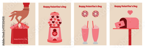Collection of cards for Valentine's Day. Cute sale flyer template, poster, label, advertisement, cover, banner design set. Bright fashionable style. Vector illustration.
