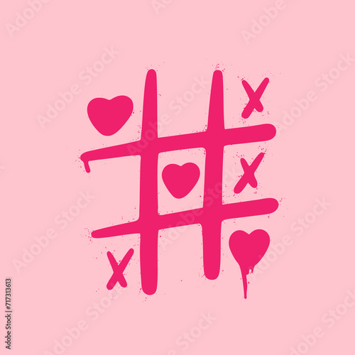 Pink graffiti clip art. Urban street style. Valentine day elements. Tic tac toe with hearts. Y2k love sign. Splash effects and drops. Grunge and spray texture.