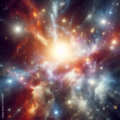 Big Bang Early Universe Abstract Starry Space with Shining Star Dust, Nebula, Galaxy, Milky Way, and Planet background. Dramatic Explosion in Deep Space.. Supernova Black Hole. Universe Creation 