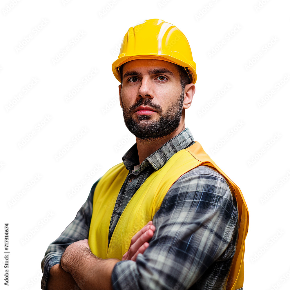 Portrait of a construction worker. Male builder in a helmet. Warehouse worker in uniform on the blurred background. Created using AI generation Portrait of a construction worker. Male builder in a helmet. Warehouse worker in uniform on the blurred background. Created using AI generation