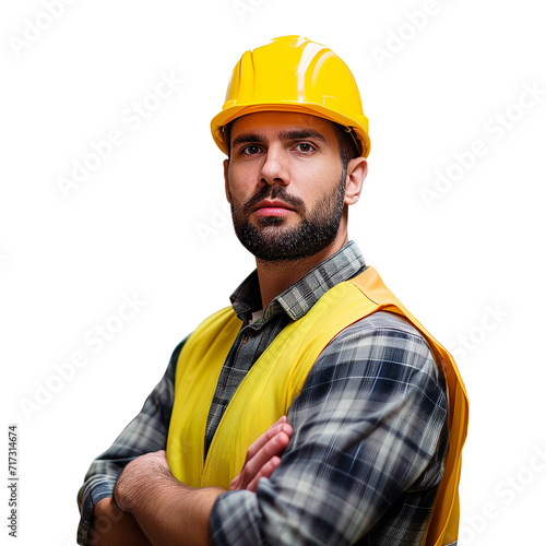Portrait of a construction worker. Male builder in a helmet. Warehouse worker in uniform on the blurred background. Created using AI generation