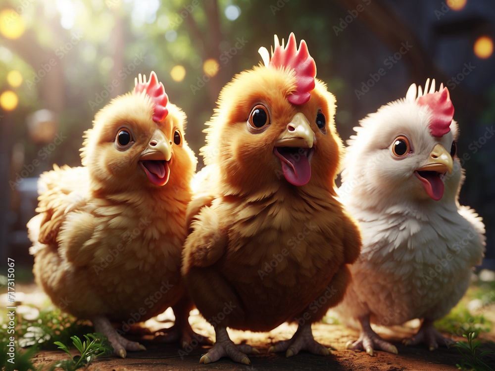 Fototapeta premium A group of chicken animals standing in meadow