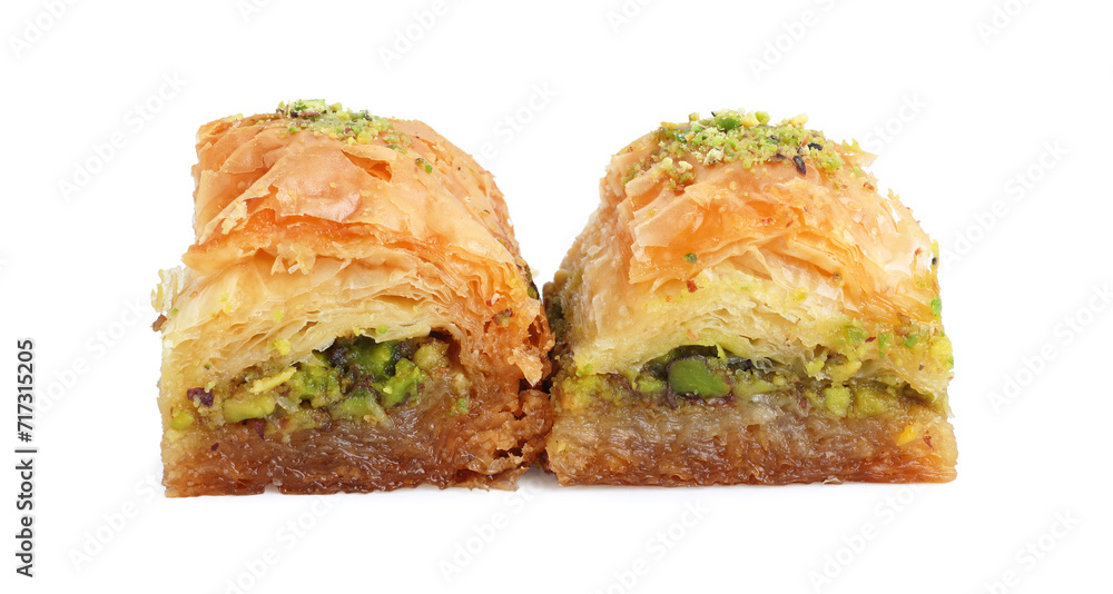 Delicious fresh baklava with chopped nuts isolated on white. Eastern sweets