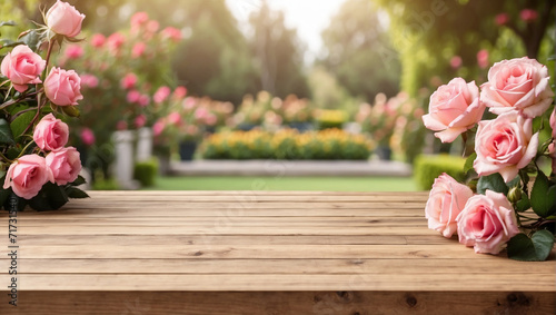 Empty wooden table for product display with rose garden background