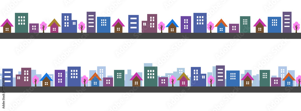 Obraz premium 春の街並みのシルエット セット 桜 シンプル 飾り 飾り枠 住宅地 市街地 町並み 街路樹 おしゃれ 挿絵 白背景 白バック 透過