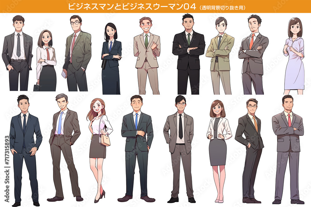 スーツを着たビジネスマン、ビジネスウーマン。Japanese anime/manga style, transparent background - obrazy, fototapety, plakaty 