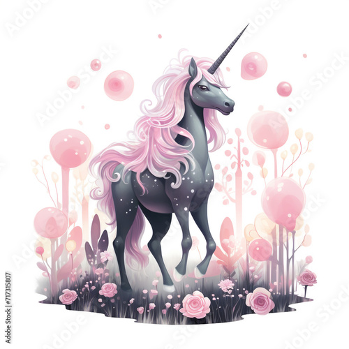 A unicorn with black fur and pastel pink hooves  horn and mane  standing in a field of mushrooms illustration.isolated on a white background