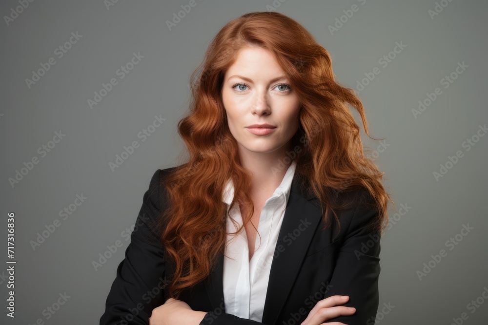 Portrait of a beautiful young redhead businesswoman over grey background. Portrait of a beautiful young redhead businesswoman over grey background.