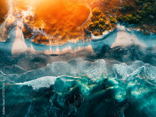 Aerial landscape of cliffs and a sandy beach island, in the style of dark green and orange, tropical landscapes.