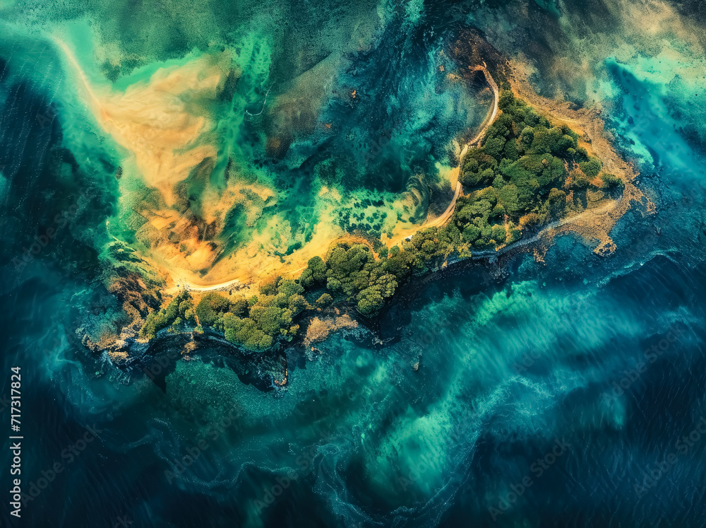 Aerial landscape of cliffs and a sandy beach island, in the style of dark green and orange, tropical landscapes.
Aerial landscape of cliffs and a sandy beach island, in the style of dark green and orange, tropical landscapes.