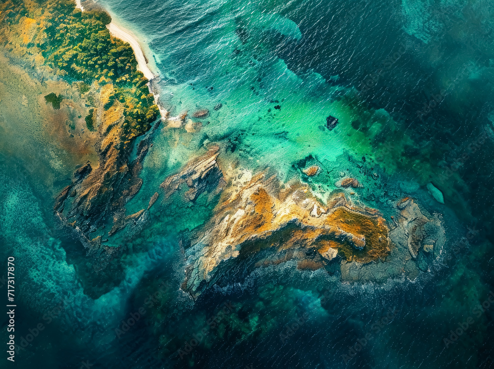 Aerial landscape of cliffs and a sandy beach island, in the style of dark green and orange, tropical landscapes.

