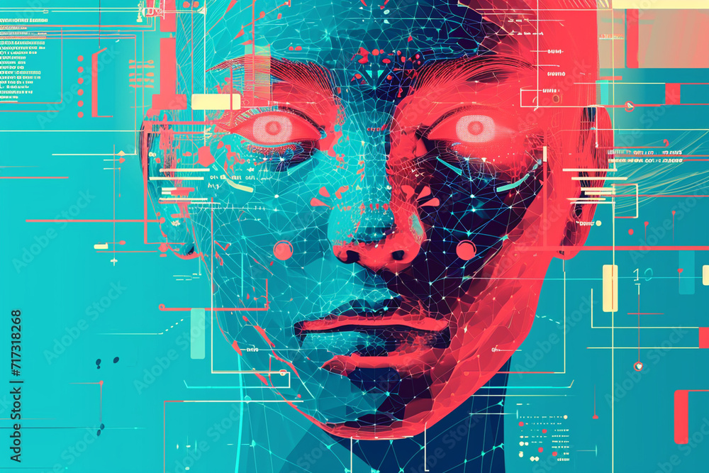Illustration of a facial recognition algorithm at work, machine learning, tech illustration - obrazy, fototapety, plakaty 