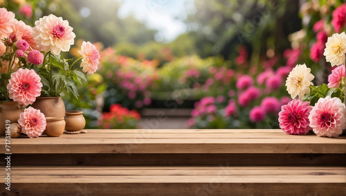 Foto Empty wooden table for product display with dahlia garden background