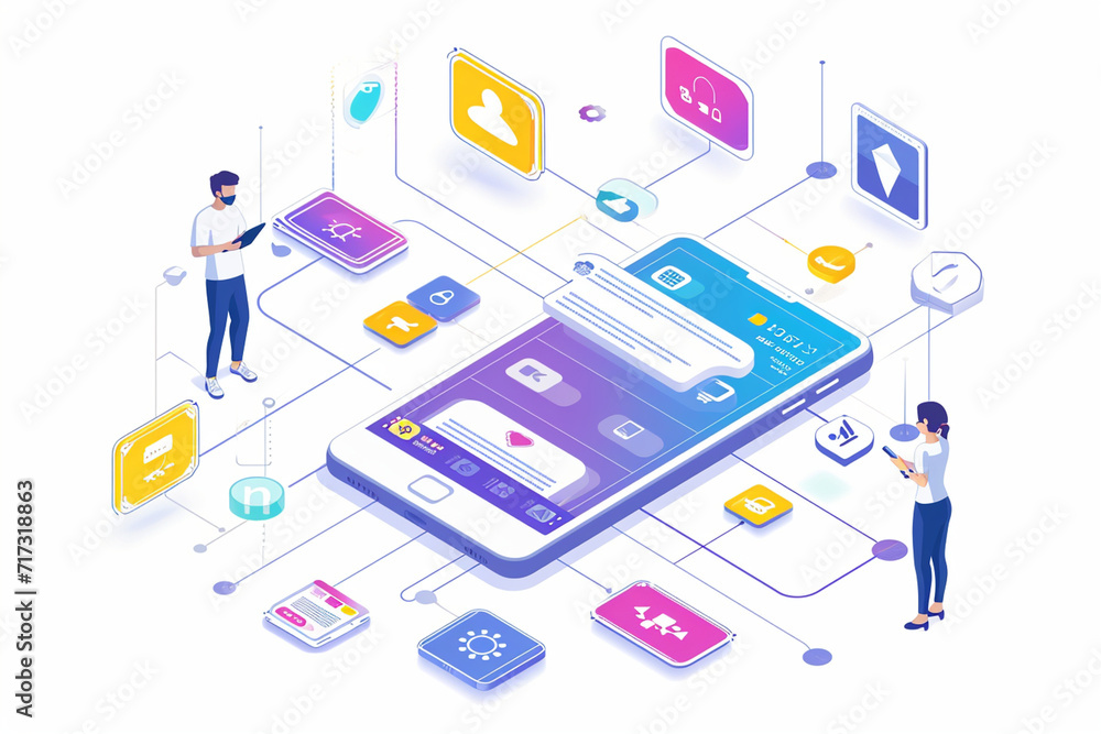 Illustration of mobile application development process, IT, tech illustration Illustration of mobile application development process, IT, tech illustration