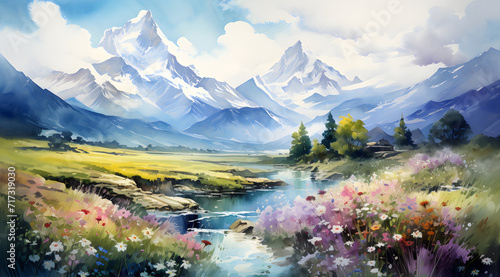 Idyllic Lake with Floral Foreground, Watercolor Landscape painting of towering snow-capped mountains © MAJGraphics