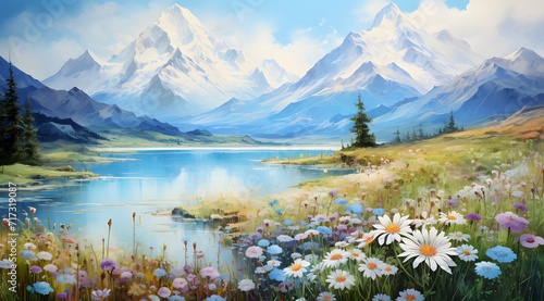 Watercolor Landscape painting of towering snow-capped mountains, a serene lake, and a vibrant field of wildflowers