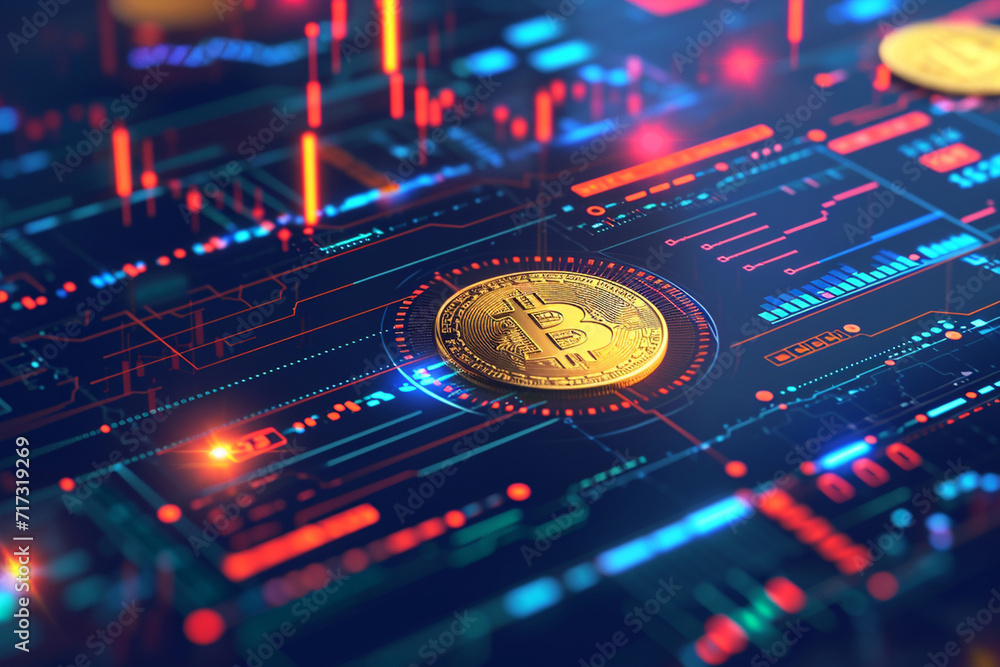 Fototapeta premium Illustration of cryptocurrency trading with digital coins and graphs, trading, tech illustration