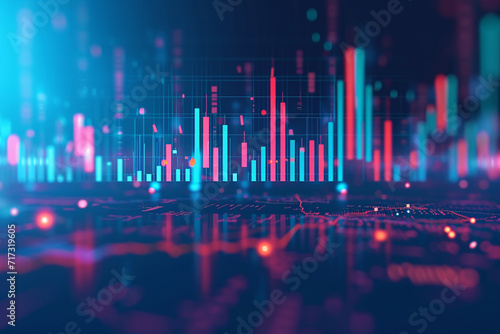 Illustration of stock market candlestick charts and indicators, trading, tech illustration
