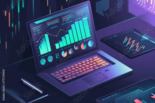 Illustration of a detailed analytics report on a trader's laptop, trading, tech illustration