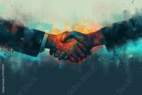 Illustration of a handshake over a contract symbolizing a major trade deal, trading, tech illustration photo