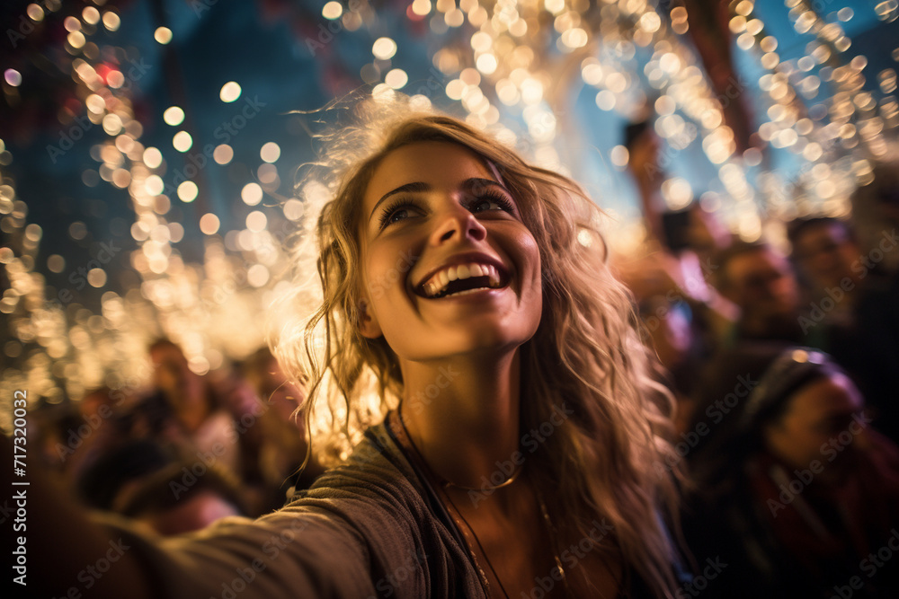 At a lively music festival, a girl captures the infectious joy of the crowd, the vibrant lights, and the excitement of the event in her dynamic selfie.