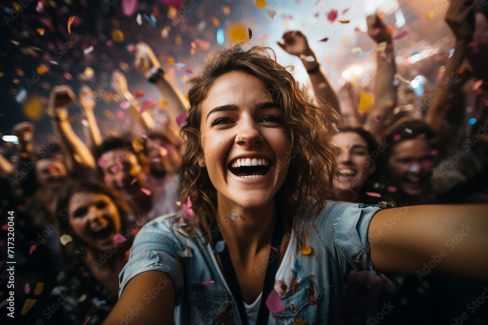 Obraz premium At a lively music festival, a girl captures the infectious joy of the crowd, the vibrant lights, and the excitement of the event in her dynamic selfie.