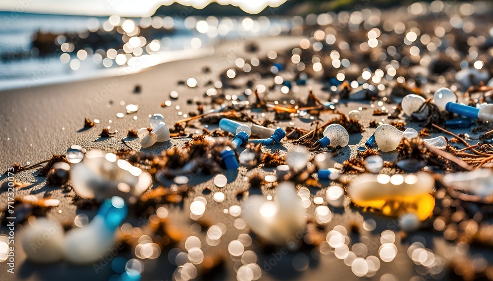 Used weathering and differently colored plastic parts and plastic residues pollute the sand and soil of nature - ai generated Used weathering and differently colored plastic parts and plastic residues pollute the sand and soil of nature - ai generated