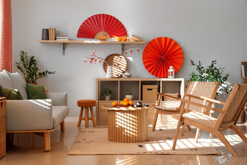 Interior of festive living room decorated for Chinese New Year celebration