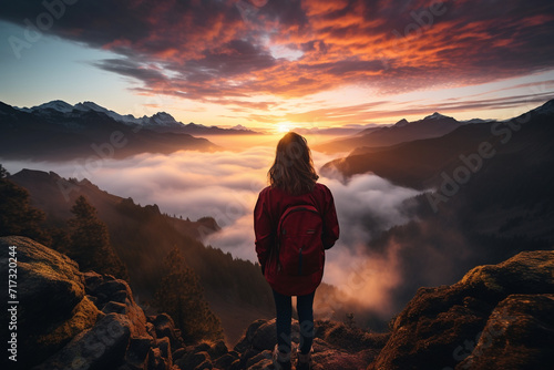 On a mountaintop at sunrise, a girl takes a selfie, capturing the breathtaking panorama of dawn breaking over the landscape in a visually stunning frame.