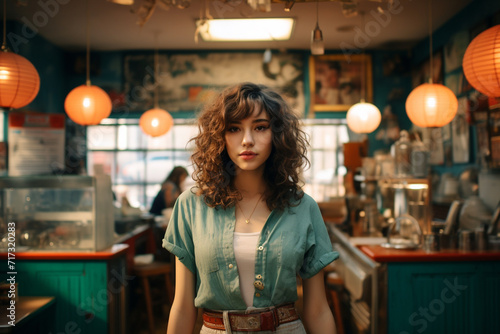 In a retro-inspired cafe, a girl takes a selfie with a vintage filter, blending modern self-portraiture with a touch of nostalgic aesthetics.