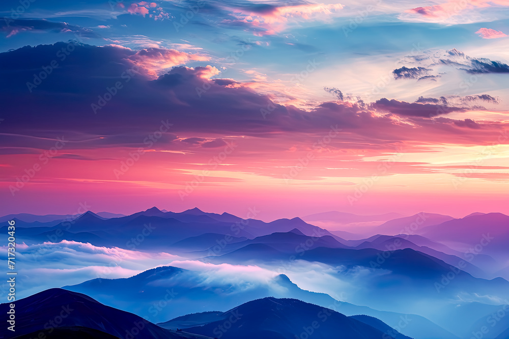 Clouds over the mountains above the sunset, romantic moonlit seascapes, vibrant fantasy landscapes , brightly colored, mist, iconic. 