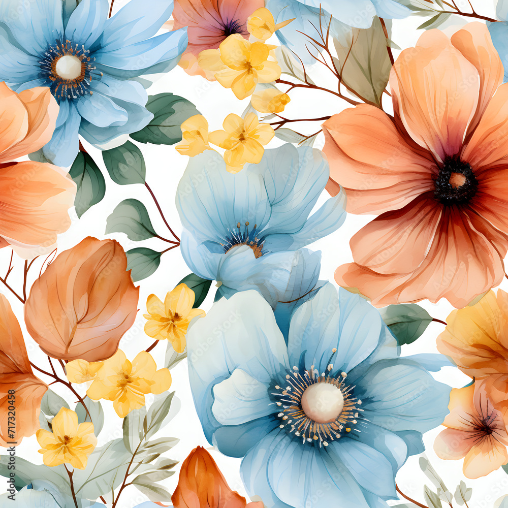 A floral pattern with blue and yellow flowers, a sense of movement and harmony. beauty and tranquility A floral pattern with blue and yellow flowers, a sense of movement and harmony. beauty and tranquility