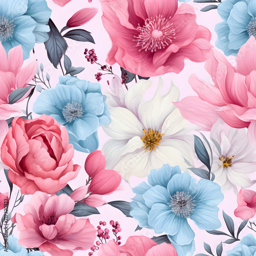 A floral pattern with pink and blue flowers. sense of movement and harmony. beauty and tranquility