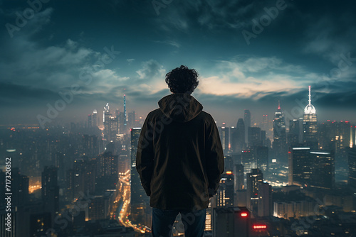 On a rooftop overlooking the city  a guy takes a selfie with a panoramic skyline  capturing the urban skyline and his presence in the dynamic setting.